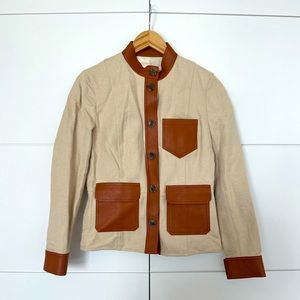 TORY BURCH beige blazer/brown genuine leather embellishments size 4 EUC